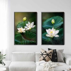 Set of 2 White Lotus Paintings