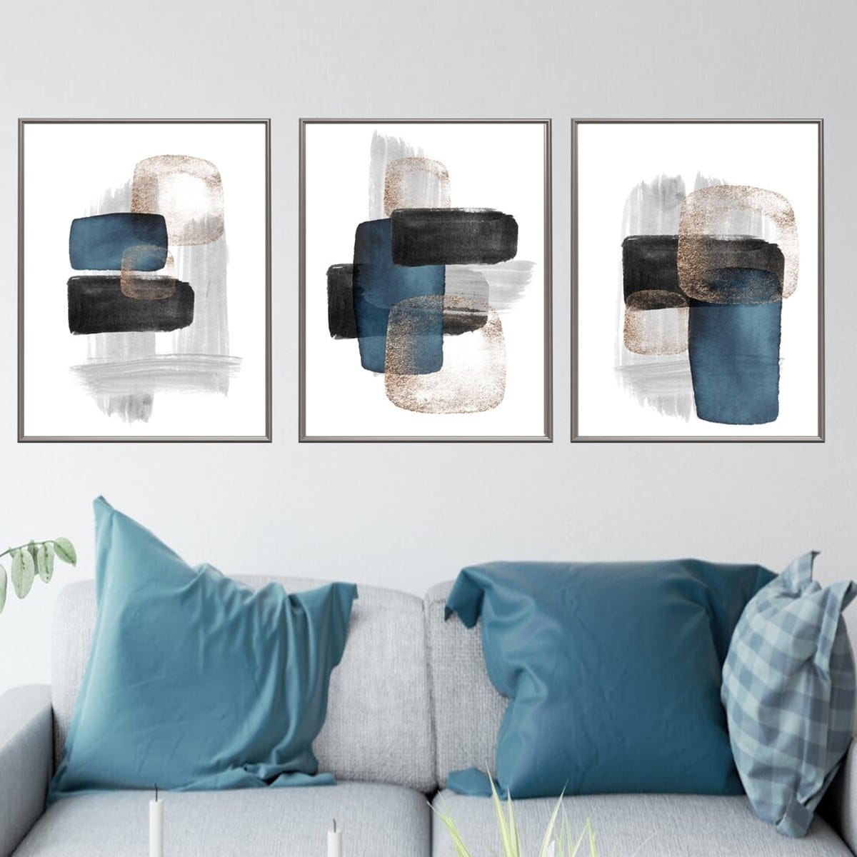 Set of 3 Blue Abstract Paintings