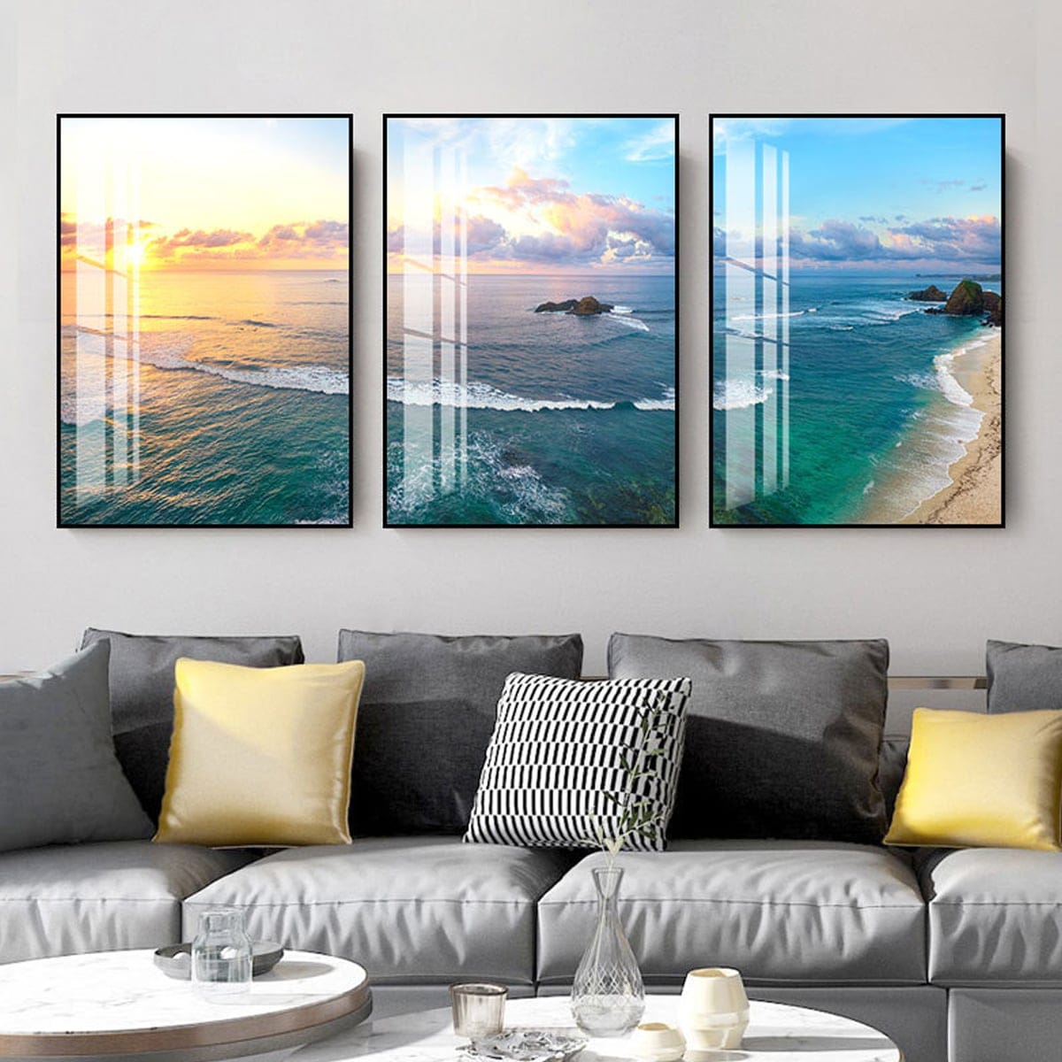 Set of 3 Sunrise Over the Sea Paintings