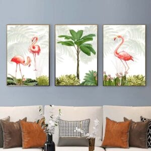 Set of 3 Paintings: Flamingos and Tropical Trees