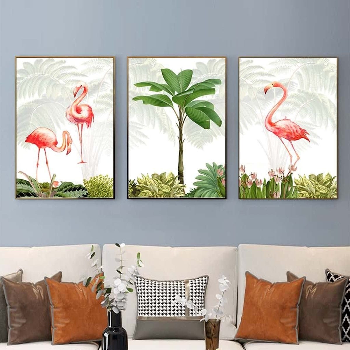 Set of 3 Paintings: Flamingos and Tropical Trees