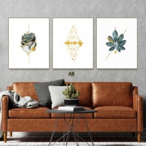 Set of 3 Leaf Patterned Paintings with Metallic Finish