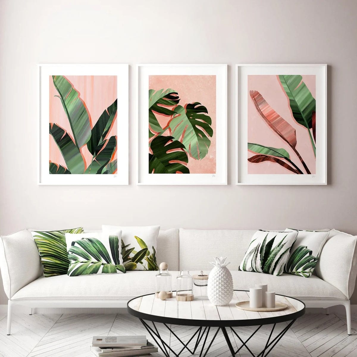 Bộ 3 Tranh Lá Trên Nền Hồng