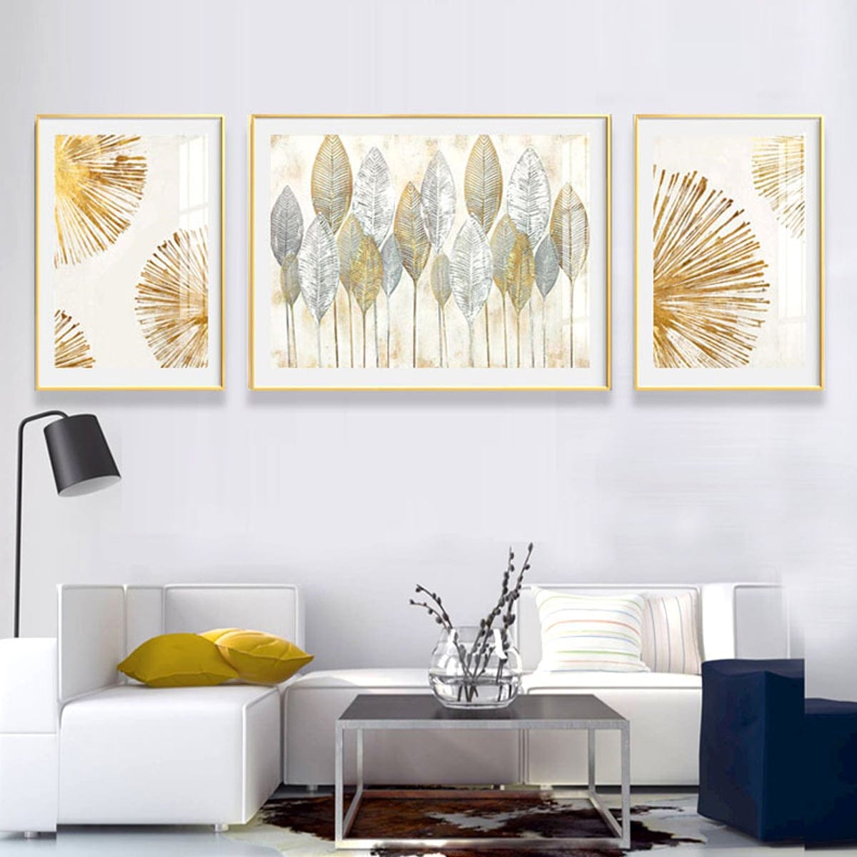 Set of 3 Paintings of Gold Leaves and Dandelions