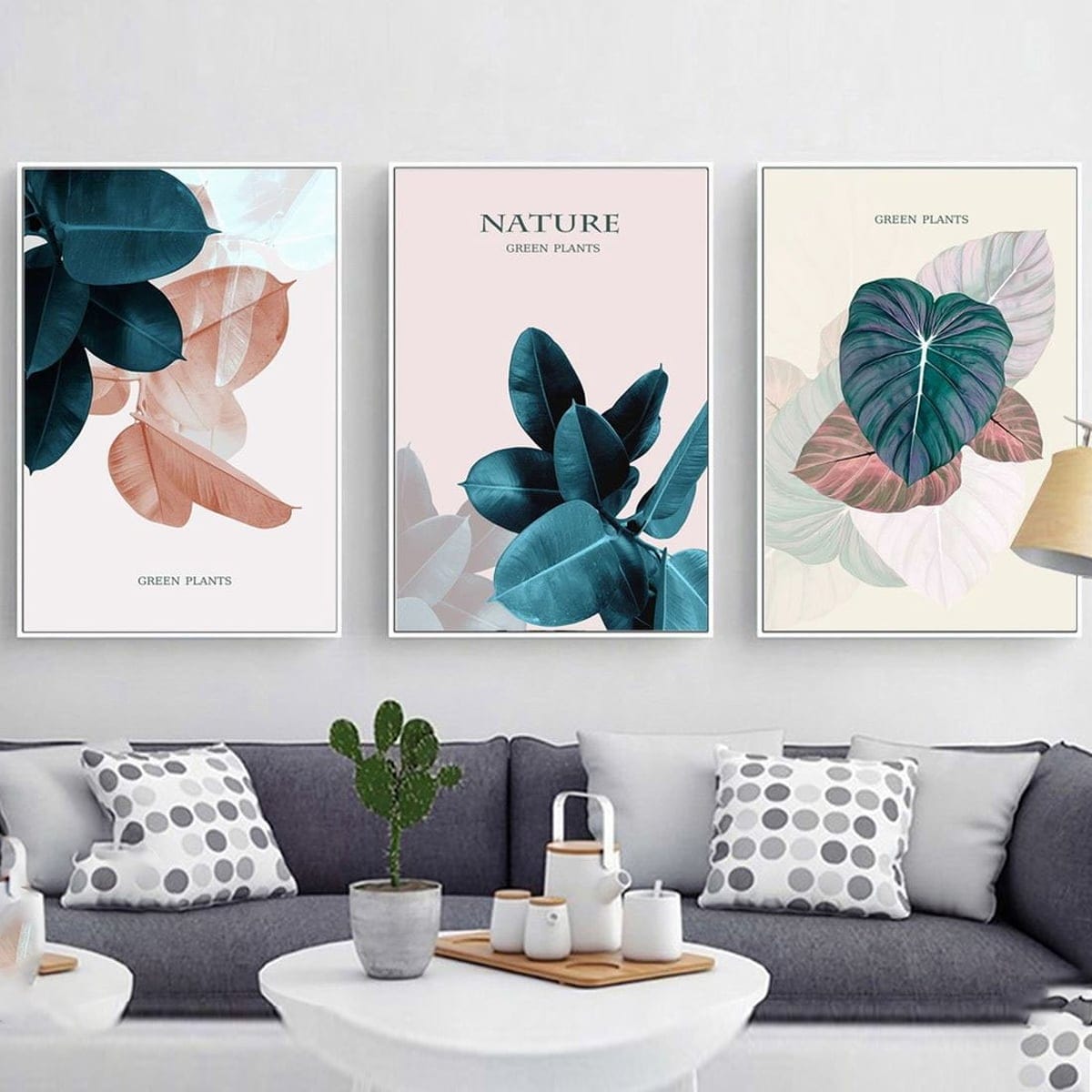 Set of 3 Green and Pink Leaf Paintings