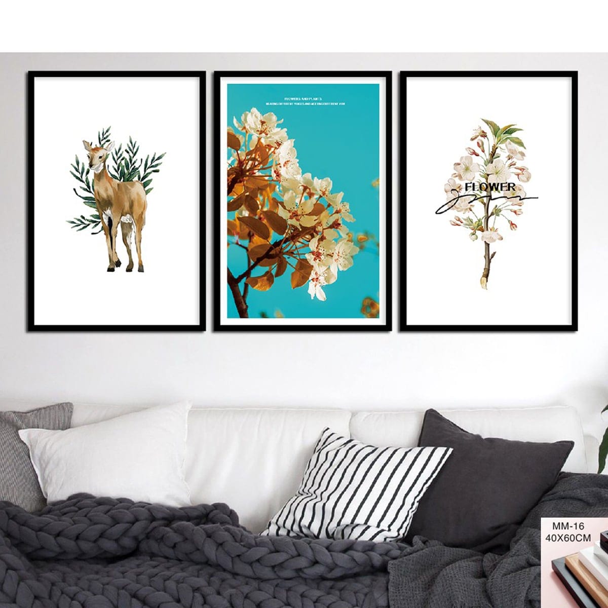 Set of 3 Paintings: Deer and Flowers
