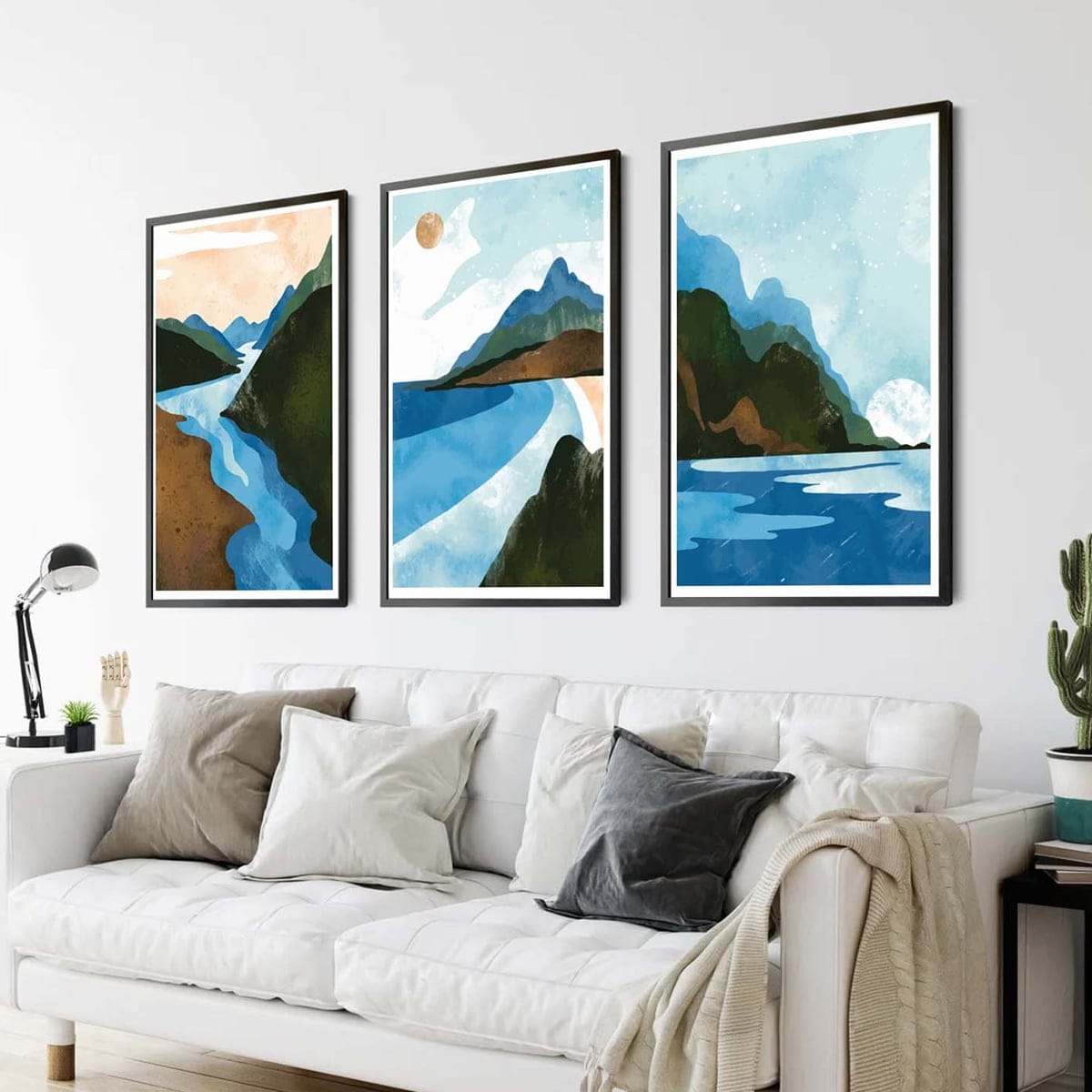 Set of 3 Landscape Paintings of Mountains and the Seashore