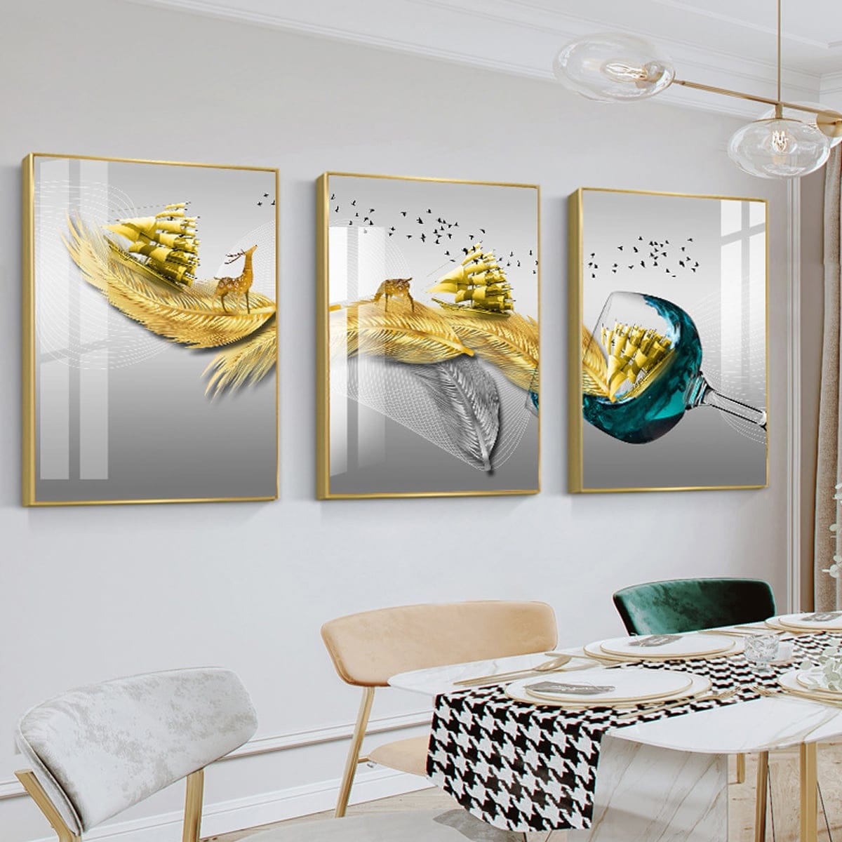 Set of 3 Feng Shui Paintings: Deer and Smooth Sailing