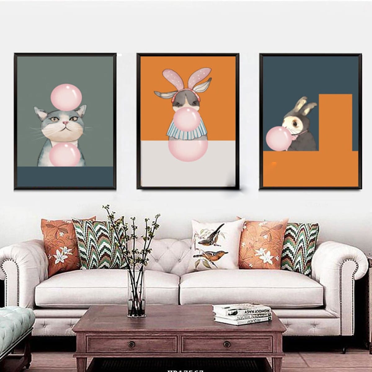 Set of 3 Rabbit and Cat Paintings