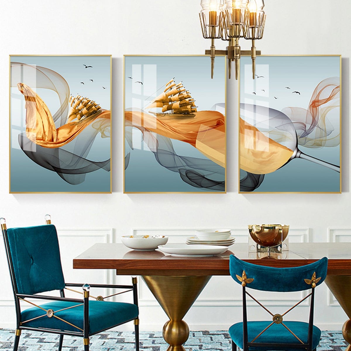 Set of 3 Feng Shui Paintings depicting a smooth sailing journey.