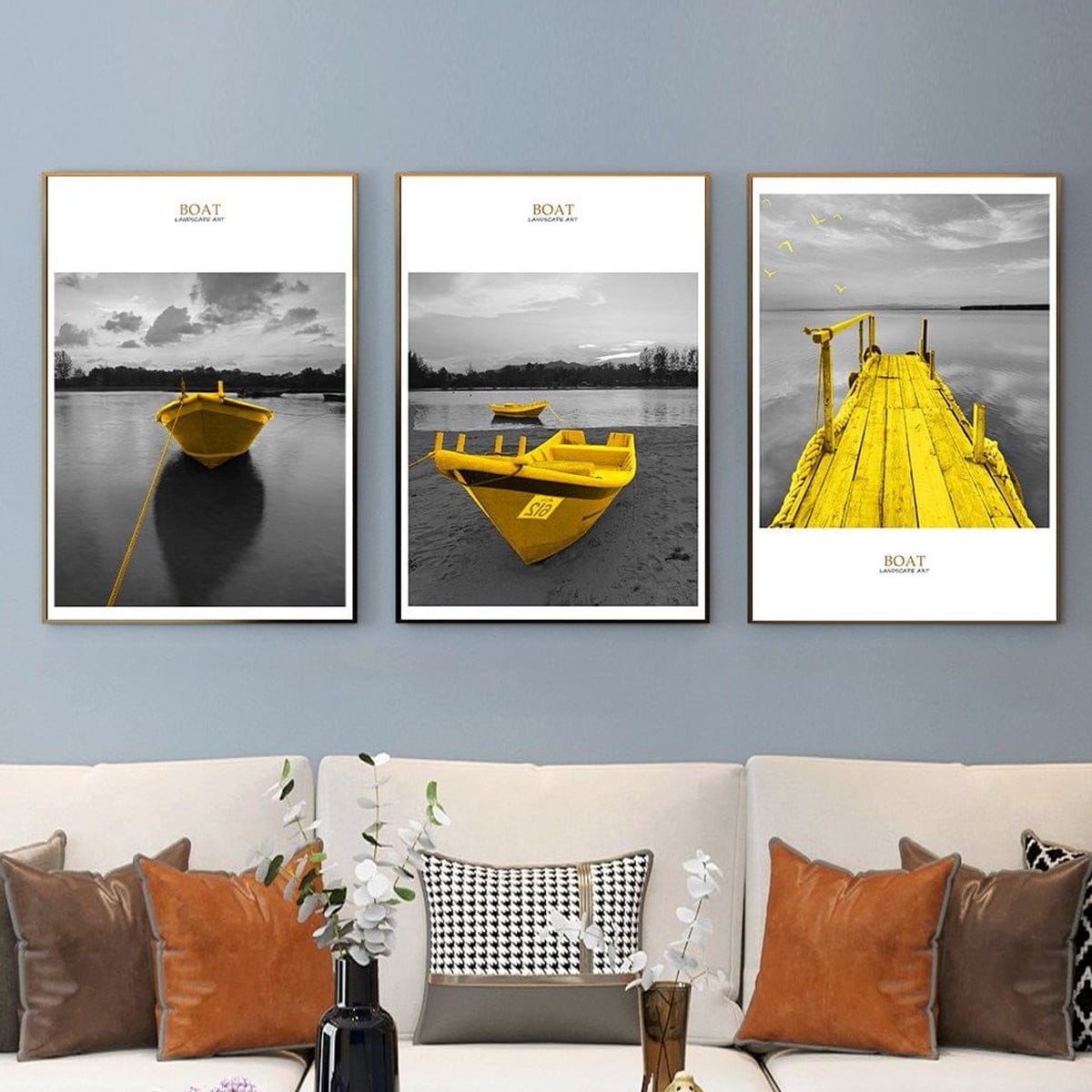 Set of 3 Paintings of Boats on the River