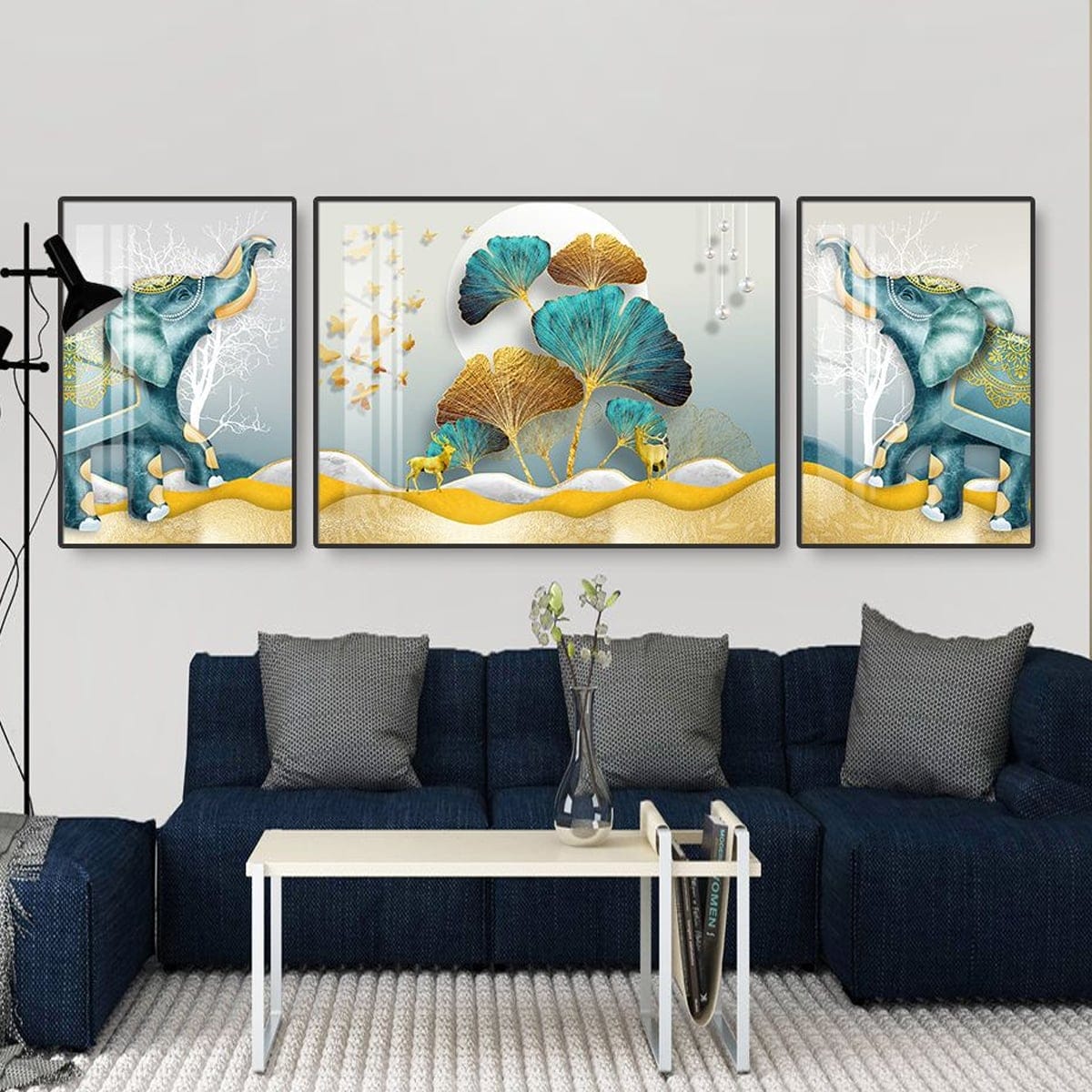 Set of 3 Paintings: Elephant and Ginkgo Leaves