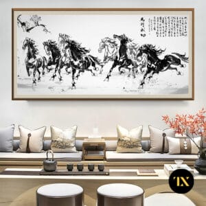 Painting of Horses Galloping to Black and White