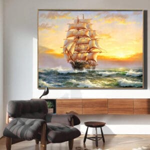Painting of a ship sailing smoothly.