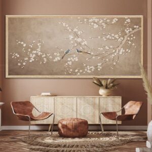 Painting of Ringed Doves on a Flowering Tree